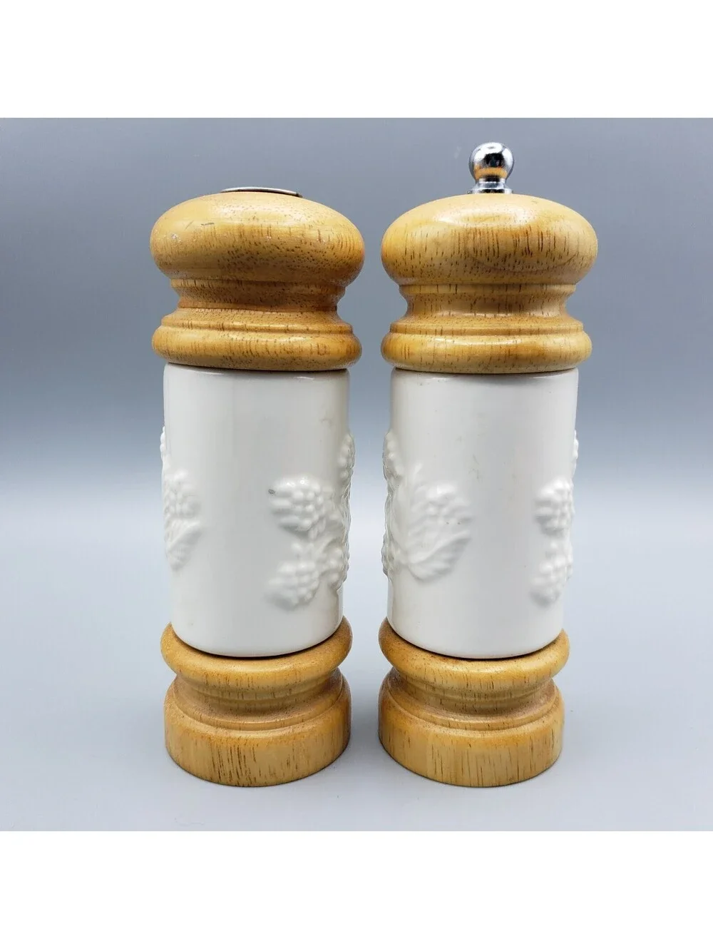 Mr. Dudley Salt & Pepper Shakers Grinder Wood & Ceramic Berries Leaves Embossed